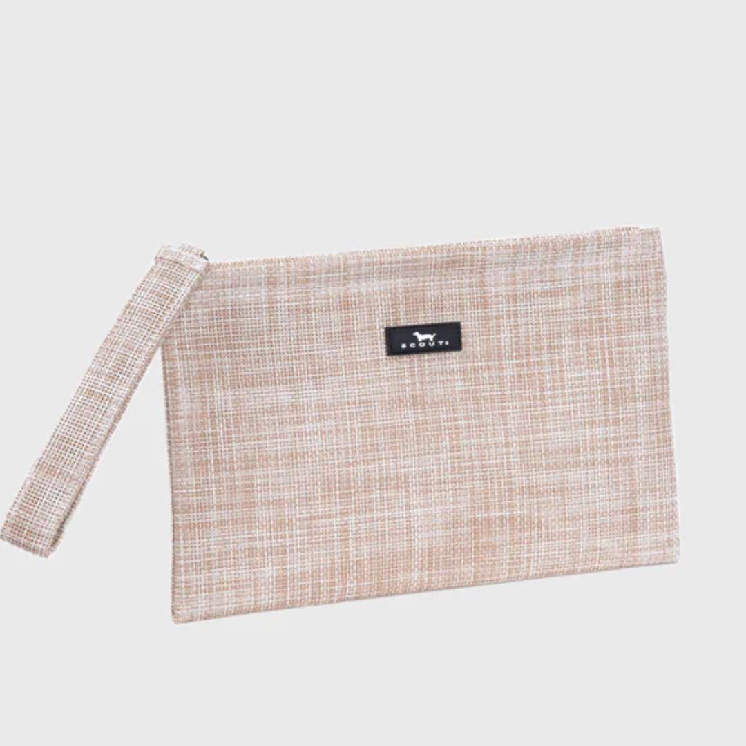 Beige woven pouch with a black label on a light gray background