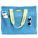 Blue tote bag with yellow straps, water bottle, and sunglasses on a white background