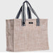 Beige tote bag with black and white striped handles on a light gray background