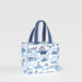 Tote bag with blue and white design on a light gray background