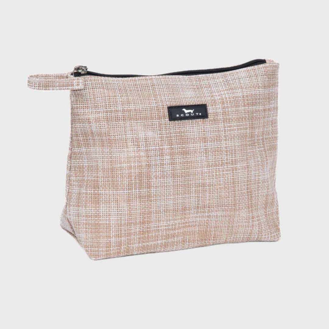 Textured pouch with a brand logo on a light gray background