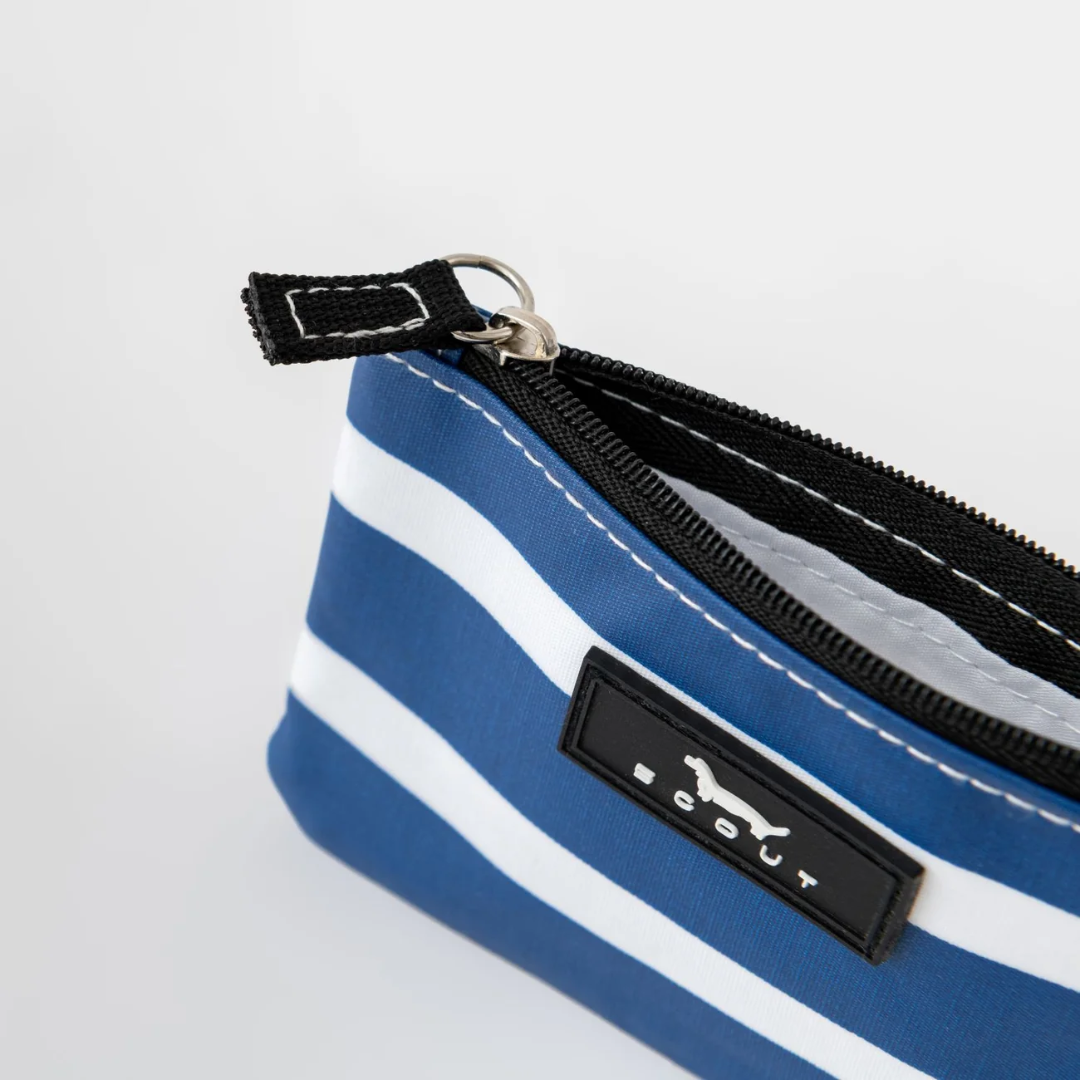 Blue and white striped pouch with a black zipper and visible brand logo on a light gray background