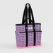 Pink and black patterned tote bag on a white background