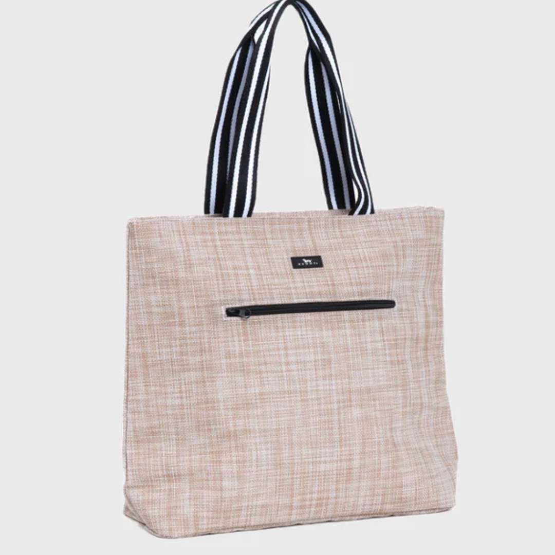Beige tote bag with black and white striped handles on a light gray background