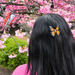 Person with a butterfly hair clip in front of cherry blossom trees