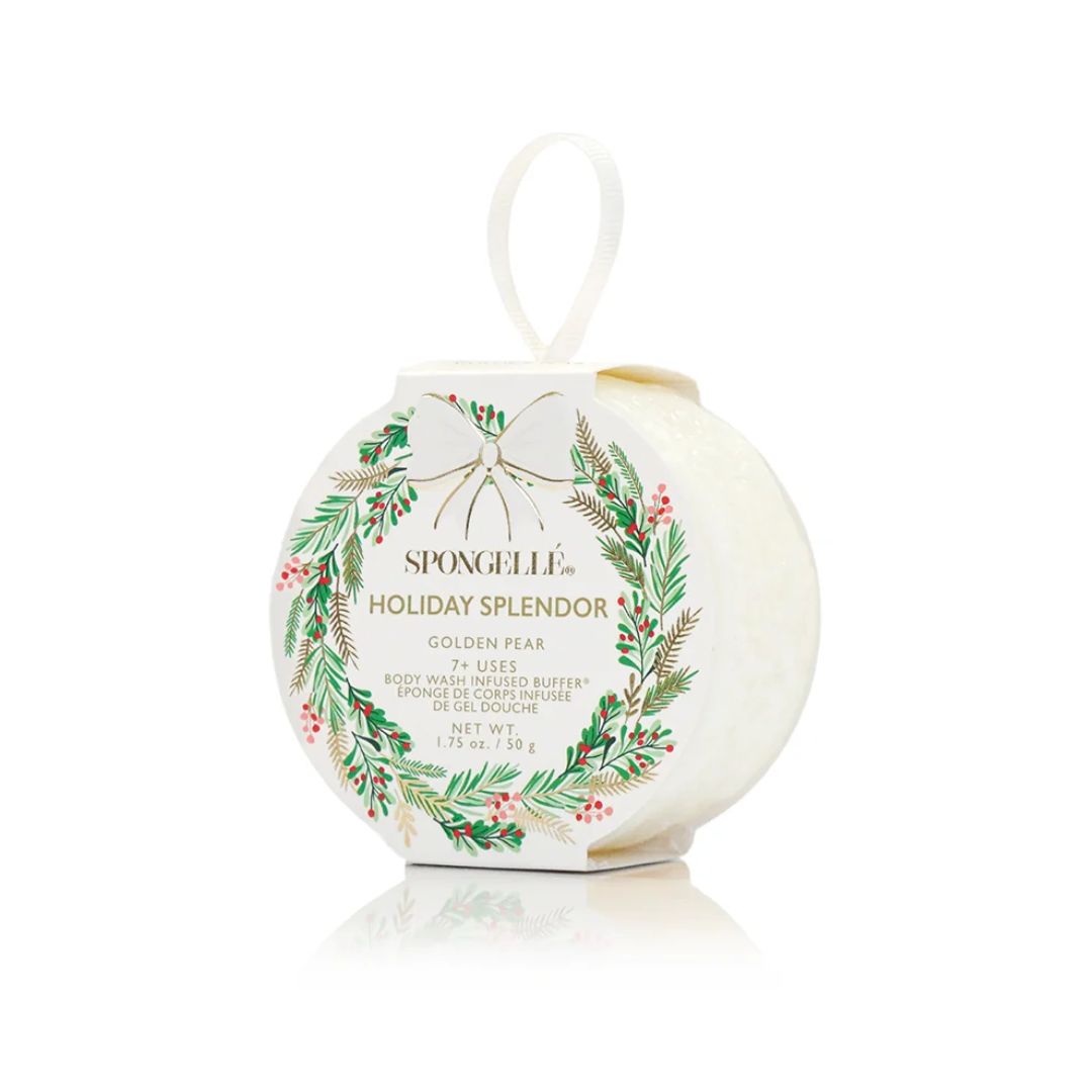 Spongelle Holiday Splendor Golden Pear body wash in a round white container with a hanging loop, decorated with a green pine wreath and red berries on a white background.