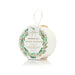 Spongelle Holiday Splendor Golden Pear body wash in a round white container with a hanging loop, decorated with a green pine wreath and red berries on a white background.