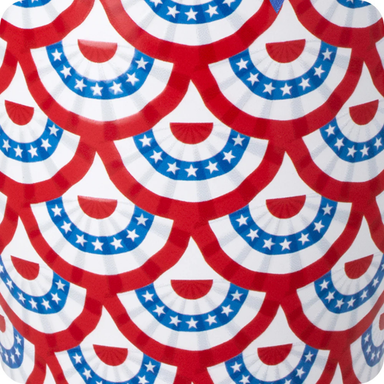 Pattern of red, white, and blue paper plates with star designs.