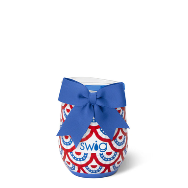 Tumbler with red, white, and blue pattern and a blue bow on a white background