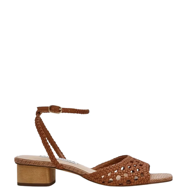 Brown sandal with open-toe design on a white background