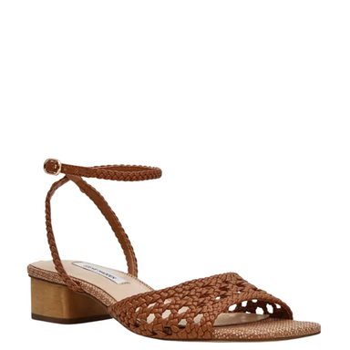Brown woven sandal with ankle strap on a white background
