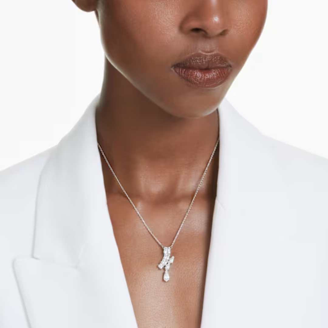 Swarovski Matrix Drop Pendant Necklace - White/Rhodium