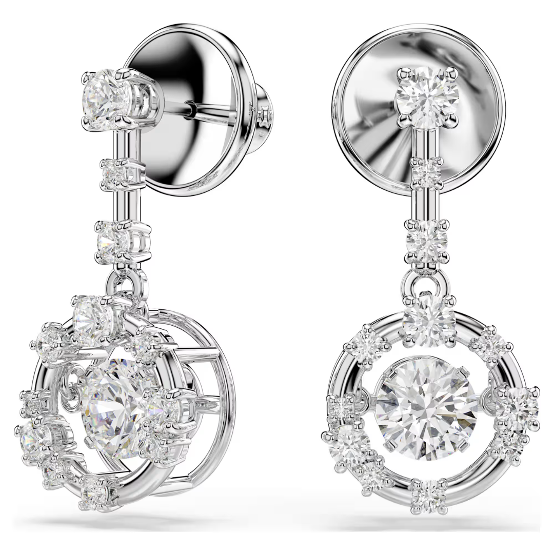  Swarovski Constella Drop Earrings Round cut, Dancing stone, White, Rhodium plated