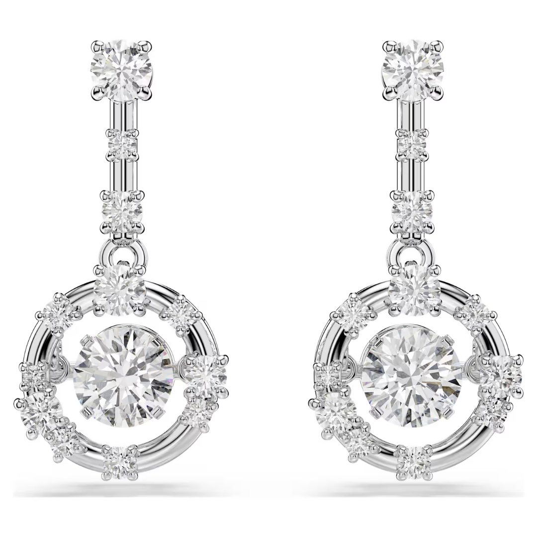  Swarovski Constella Drop Earrings Round cut, Dancing stone, White, Rhodium plated
