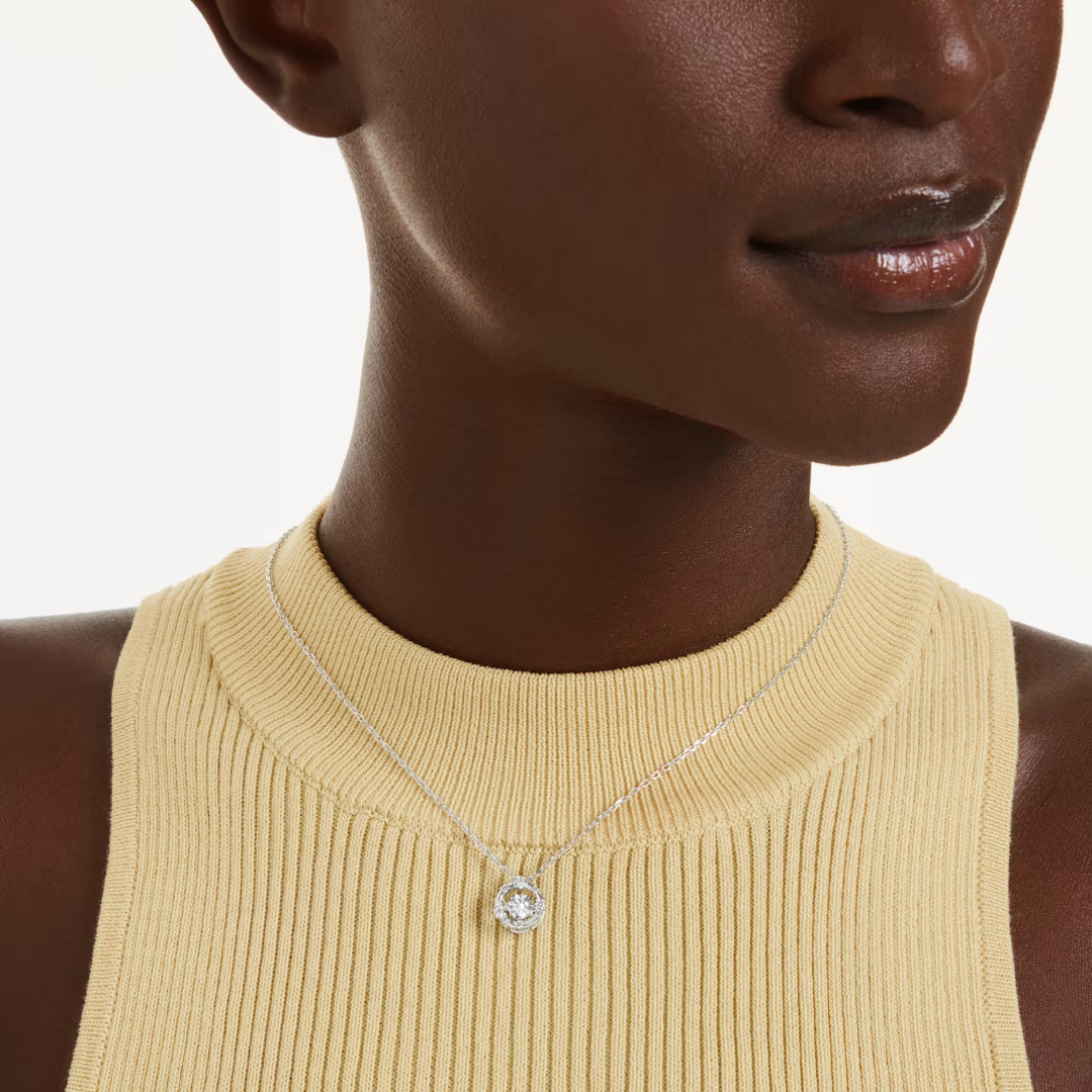 Round cut, Dancing stone, White, Rhodium plated Swarovski_Constella_Pendant_Necklace