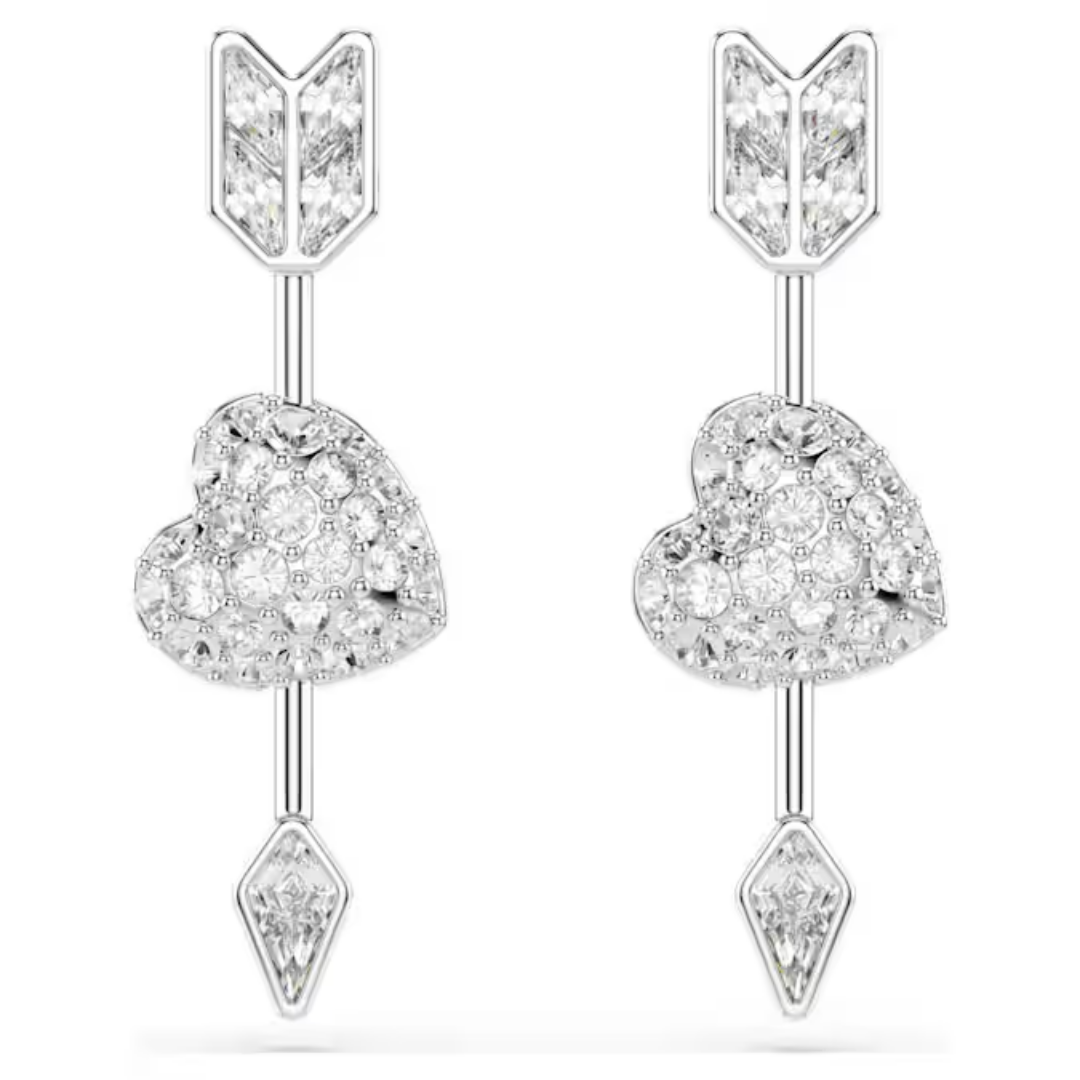 Swarovski Idyllia Drop Earrings Mixed cuts, Heart with arrow, White, Rhodium plated