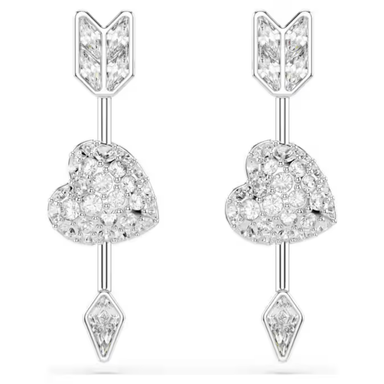 Swarovski Idyllia Drop Earrings Mixed cuts, Heart with arrow, White, Rhodium plated