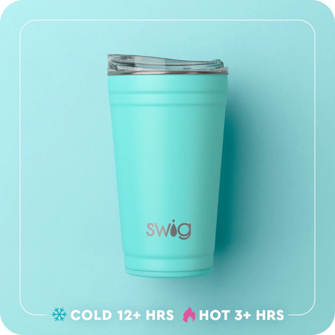 Turquoise tumbler with 'swig' logo on a light blue background