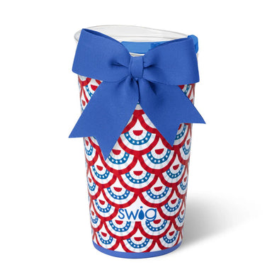 Swig tumbler with red, white, and blue pattern and a blue bow on a white background
