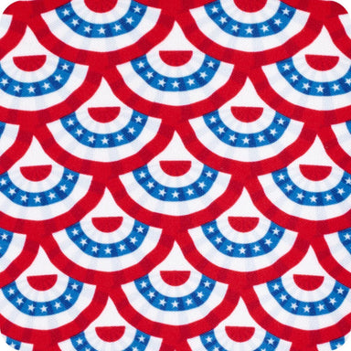 Pattern of red, white, and blue circles with stars on a fabric background