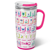 Travel mug with colorful designs and text on a white background