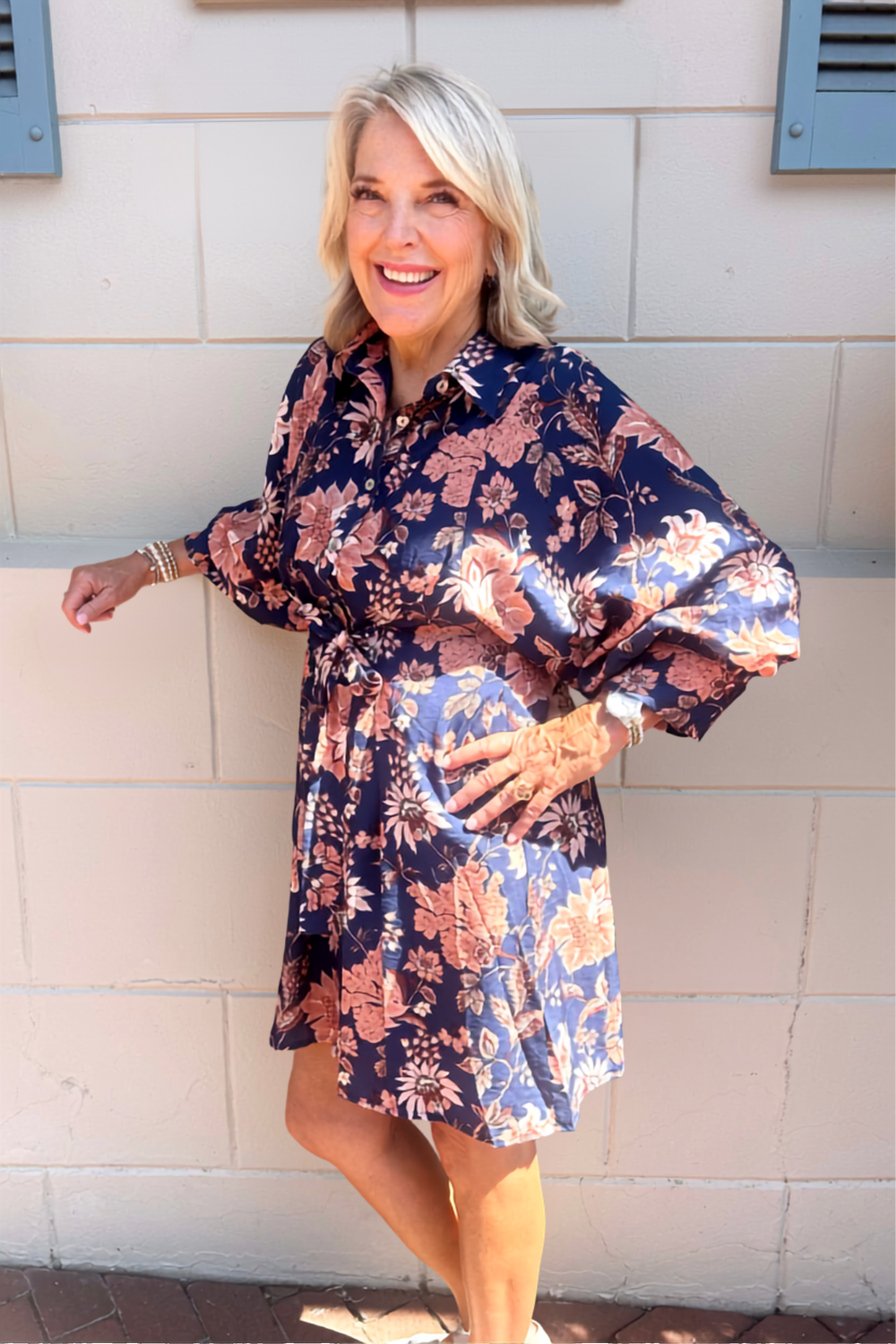 THML Long Sleeve Print Dress in Navy