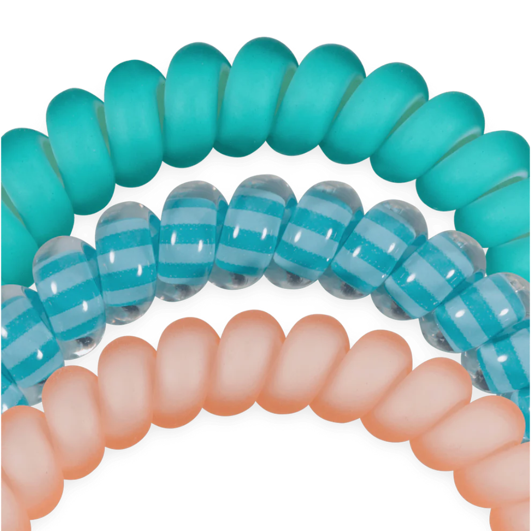 Turquoise and clear beaded bracelet with a pink and clear beaded bracelet on a white background