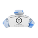 Blue and white hair clip with Teleties branding on a white background