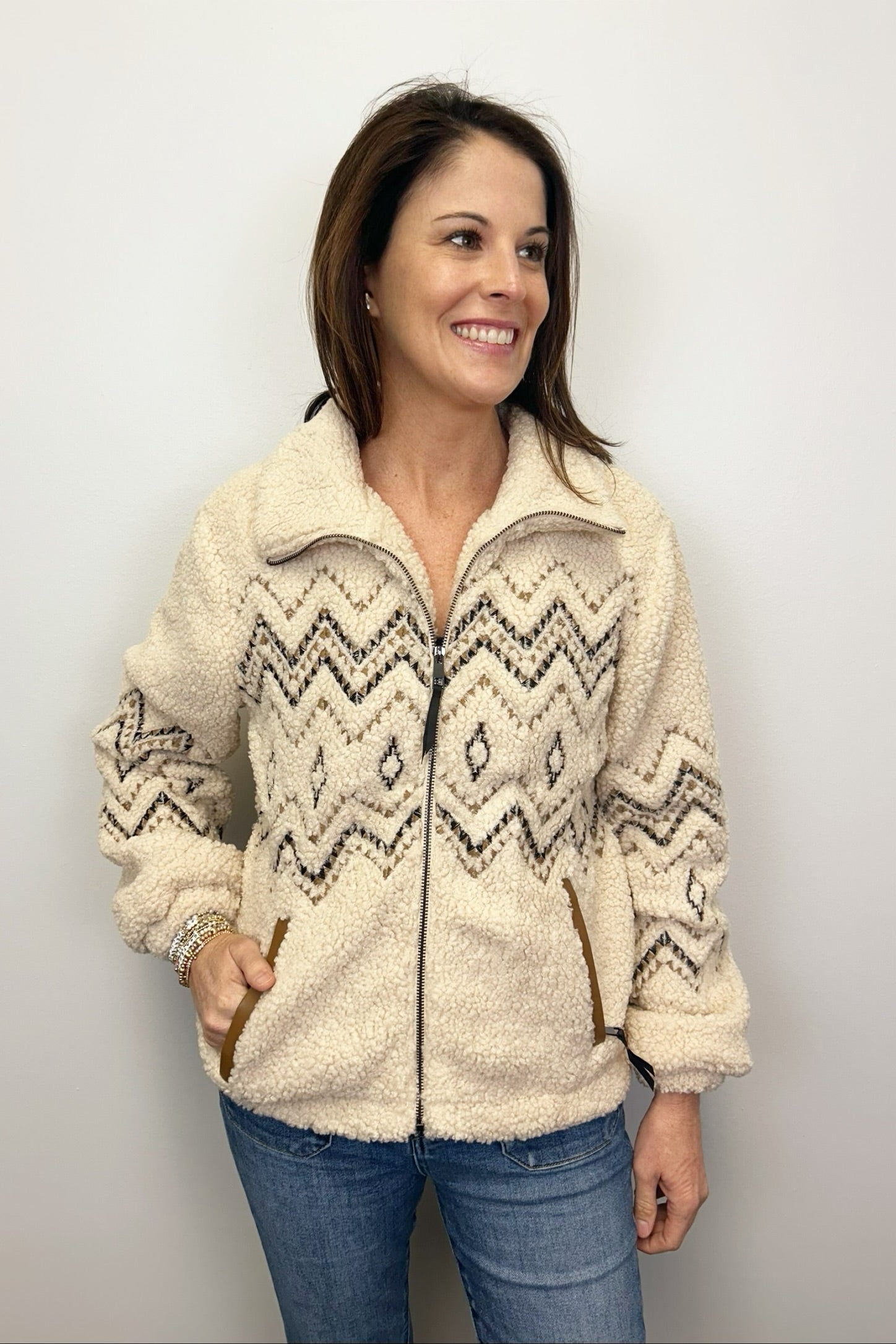 Tribal Lined Zip-Up Jacket w/ Embroidery - Latte