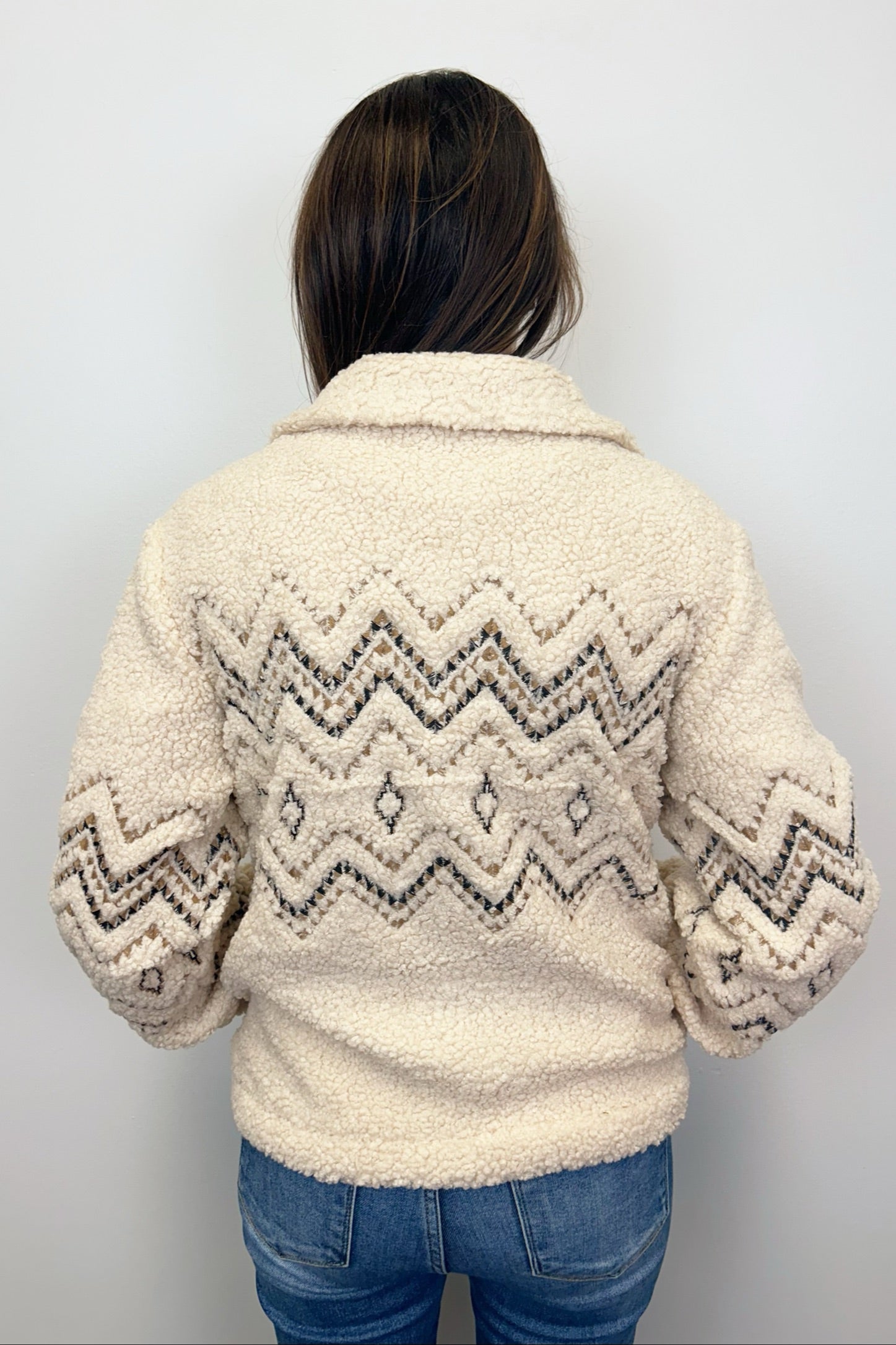 Tribal Lined Zip-Up Jacket w/ Embroidery - Latte