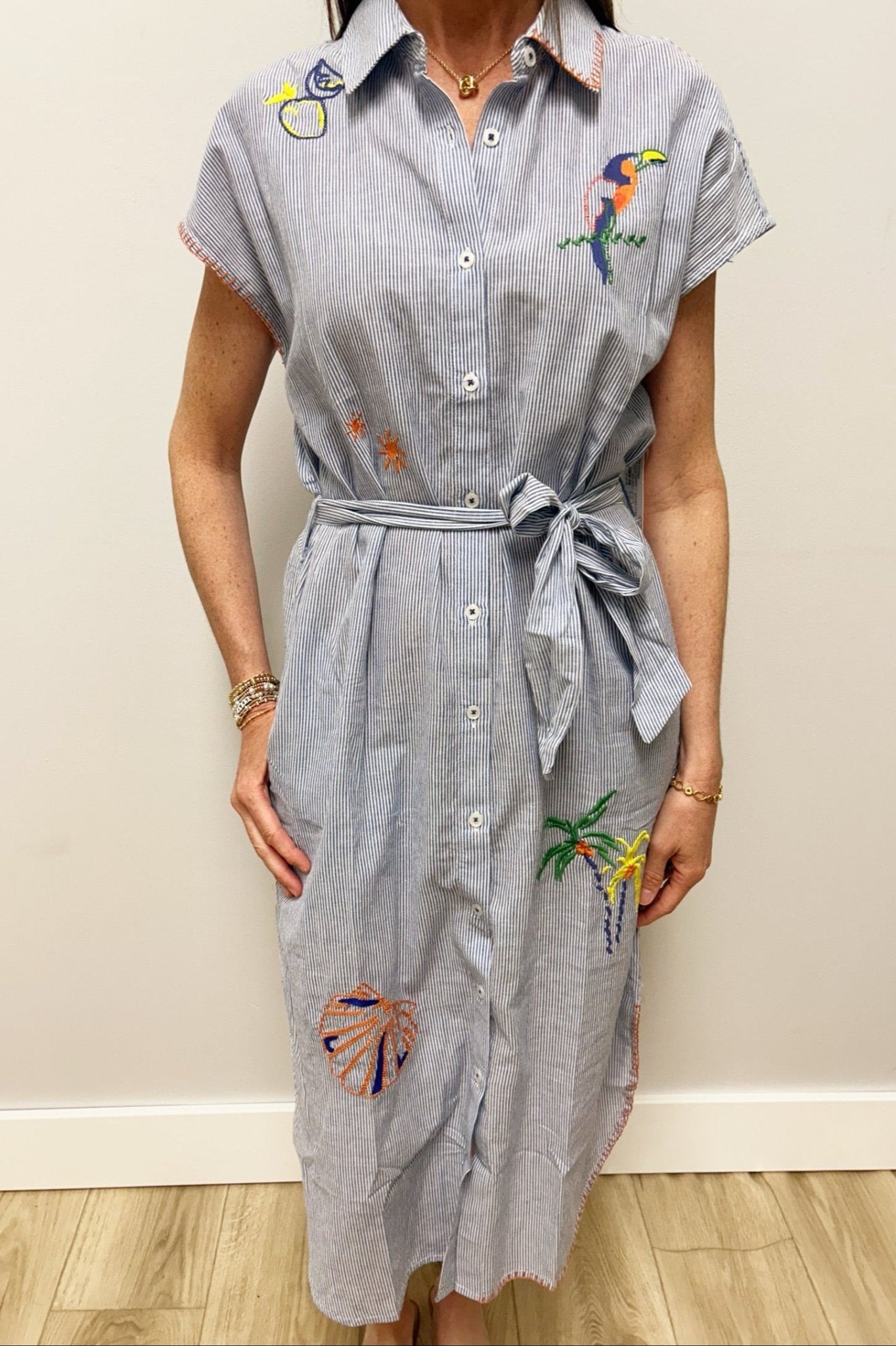 Person wearing a dress with colorful embroidery against a plain background