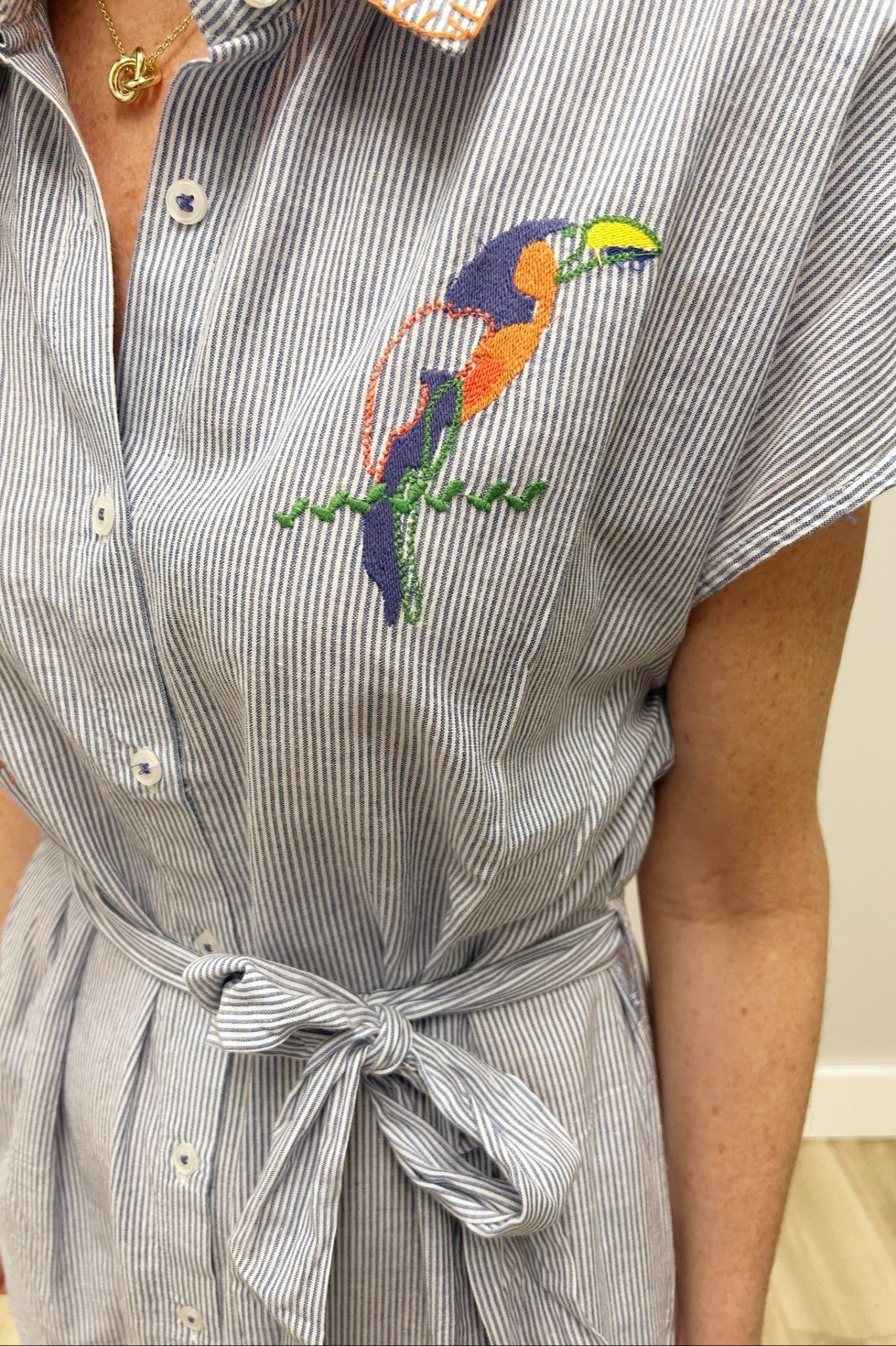 striped dress with a colorful parrot embroidery on a neutral background
