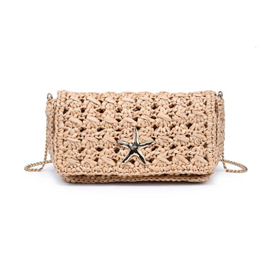 Beige woven handbag with a star detail on a white background