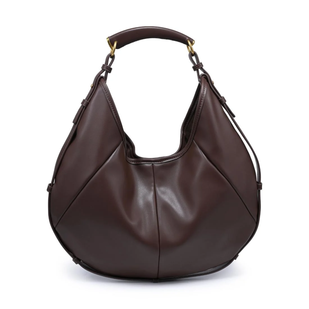 A dark brown leather hobo shoulder bag with a curved top handle and gold-tone hardware, shown against a plain white background.