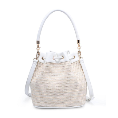 White woven handbag with a bow on a white background