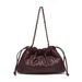 Brown woven handbag with a braided handle on a white background