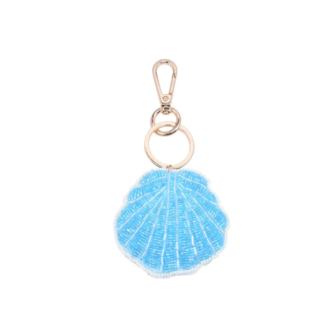 A light blue beaded shell-shaped charm with a rose gold metal clasp and key ring, shown on a plain white background.