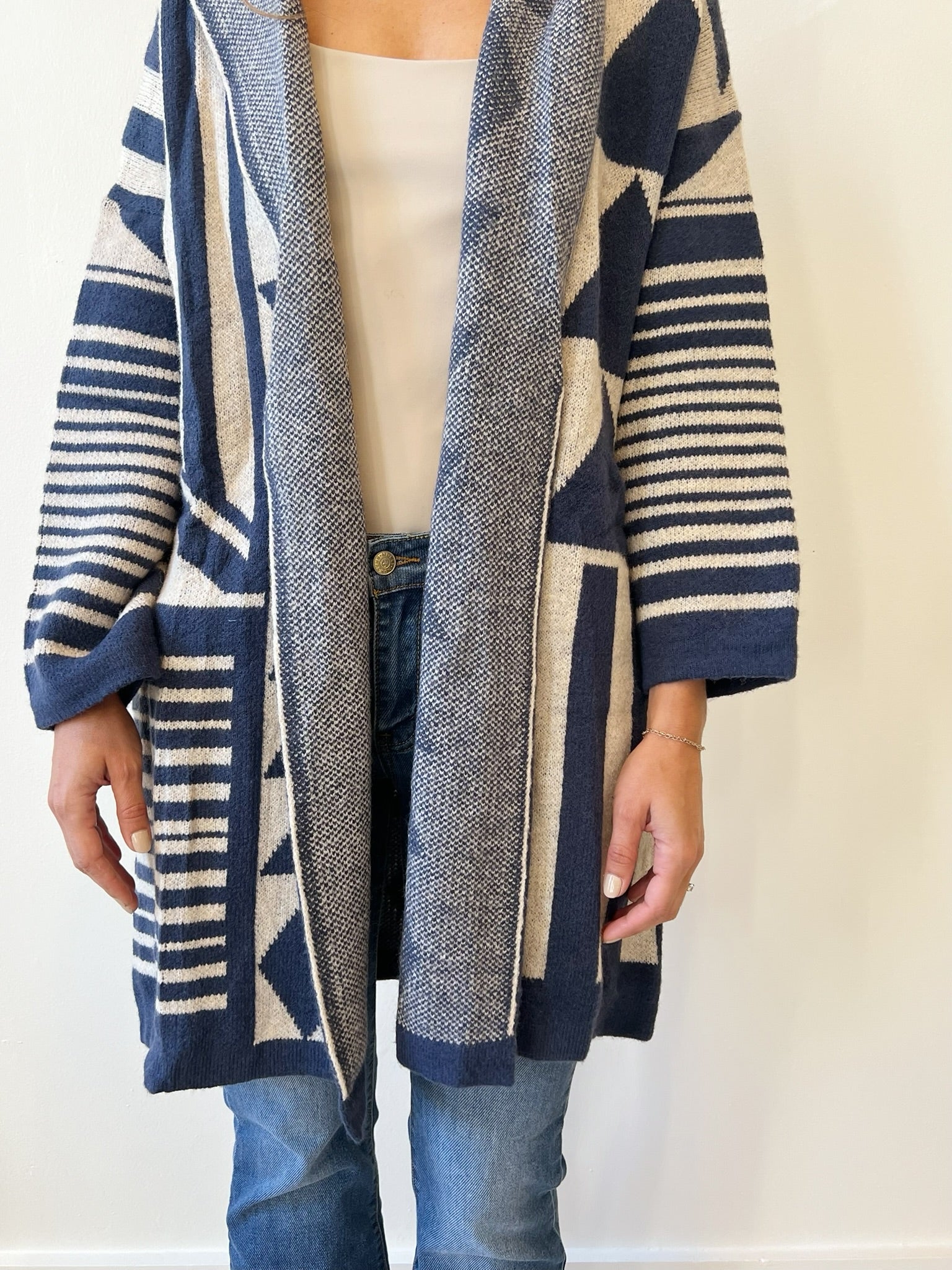 Geometric Hooded Cardigan - Navy