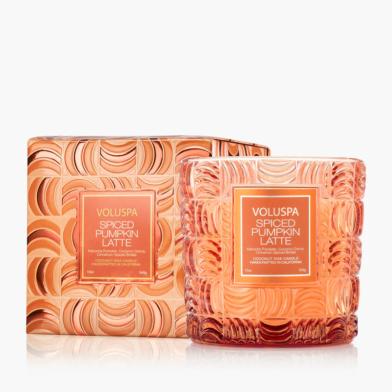 Voluspa Spiced Pumpkin Latte candle in packaging on a white background