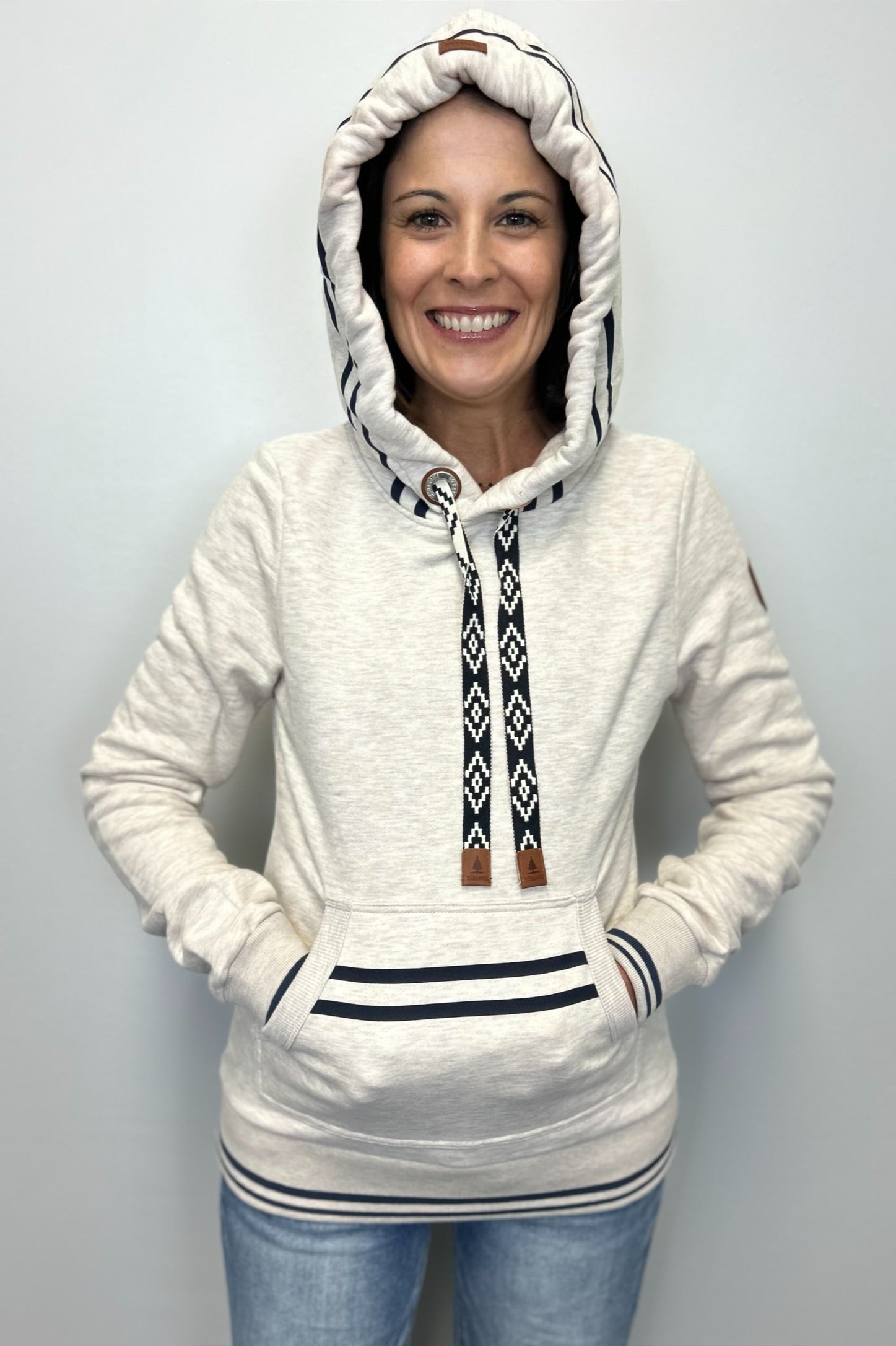 Wanakome Mikki Stripe Trim Hoodie - Heather Oatmeal