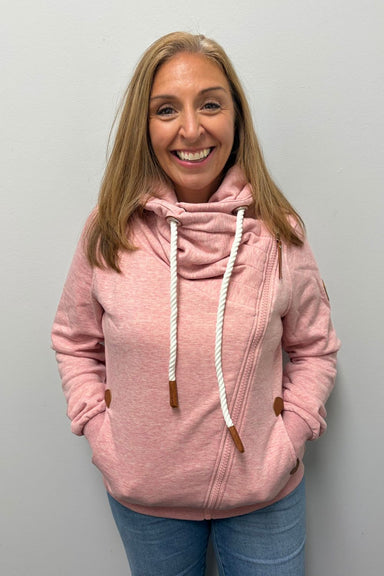 Woman wearing Wanakome Hestia Full-Zip Sweatshirt Heather Pink on a plain white background
