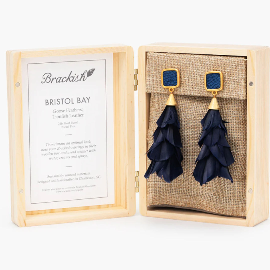 Brackish Bristol Bay Statement Earrings - Goose Feathers & Lionfish Leather