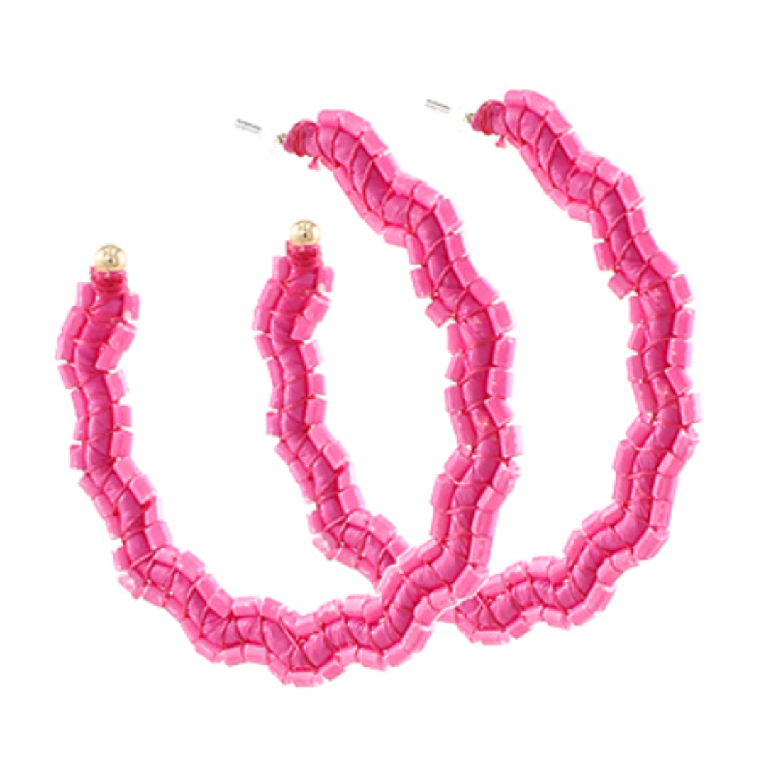 Wavy Circle Bead and Raffia Hoops