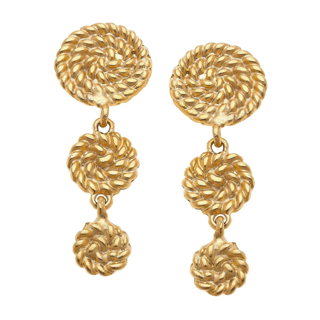 Susan Shaw 3-Drop Handcast Gold Rope Earrings