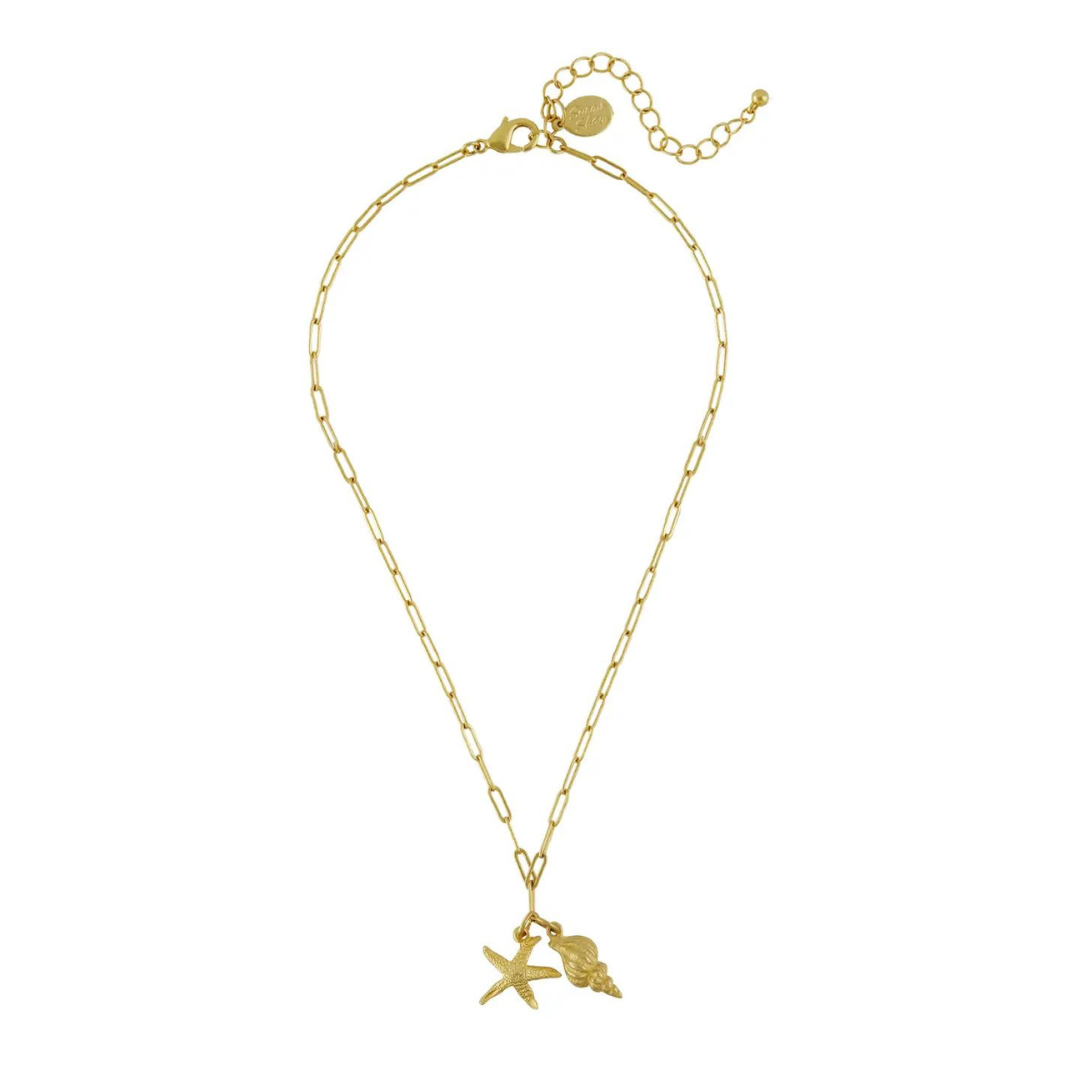 Susan Shaw Gold Starfish & Spiral Shell on Paperclip Chain Necklace