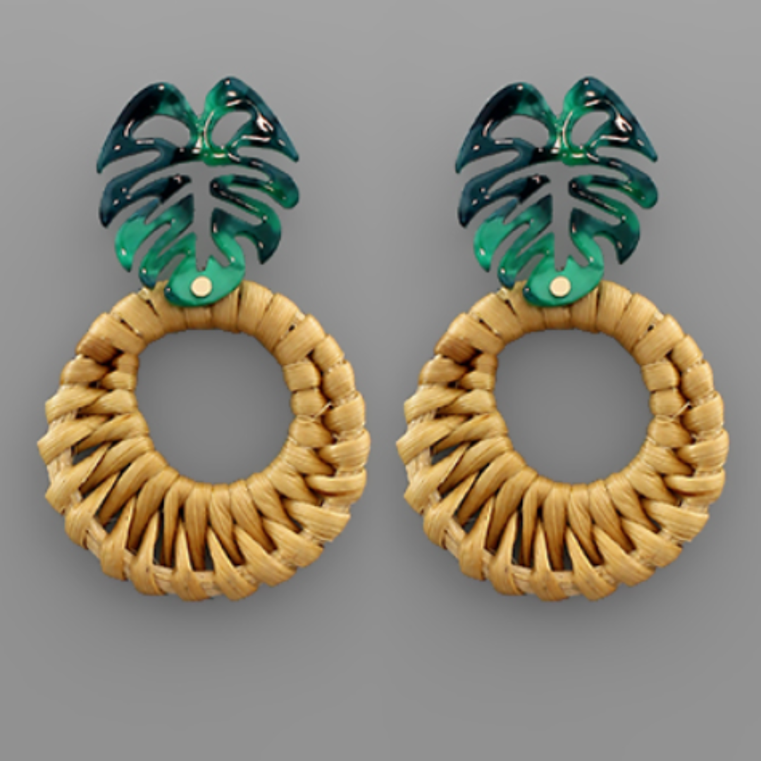 Leaf and Rattan Circle Earrings