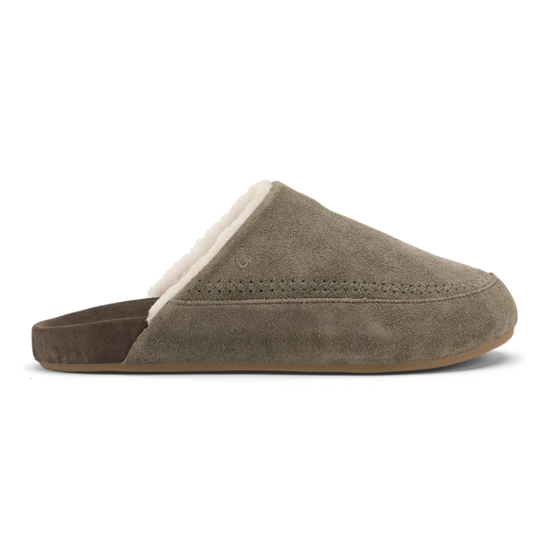 A single taupe-brown suede mule slipper with a soft white shearling lining and a dark brown inner footbed, shown from a side profile on a white background.