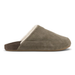 A single taupe-brown suede mule slipper with a soft white shearling lining and a dark brown inner footbed, shown from a side profile on a white background.