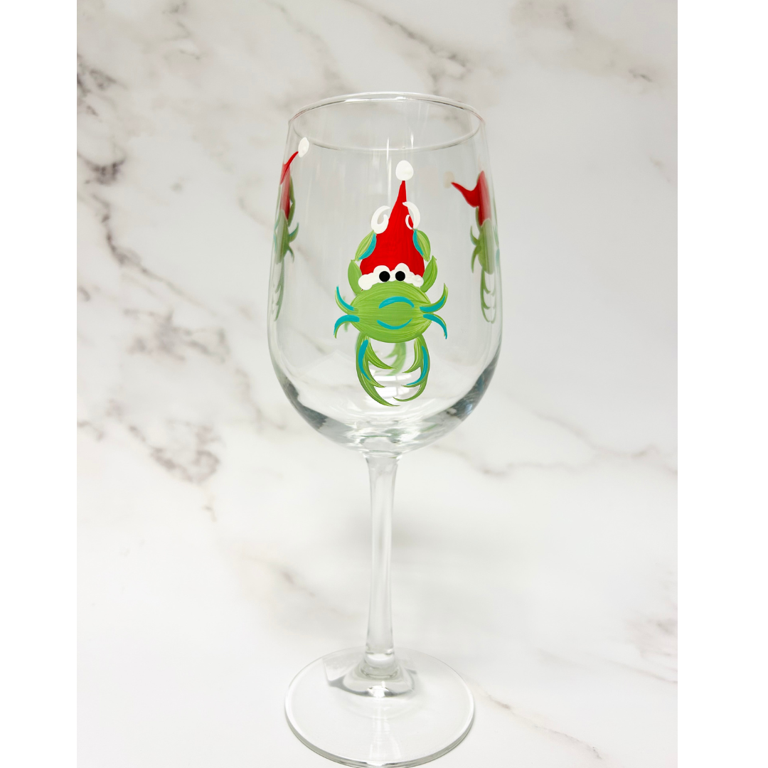 Wine by Design Hand-painted Santa Crab Wine Glass