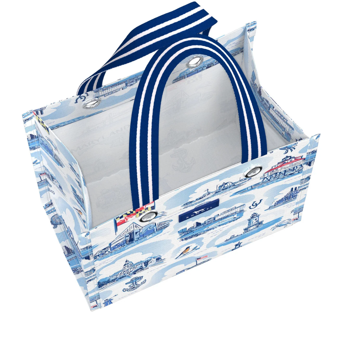 Cartoon-style box with blue and white striped handles on a white background